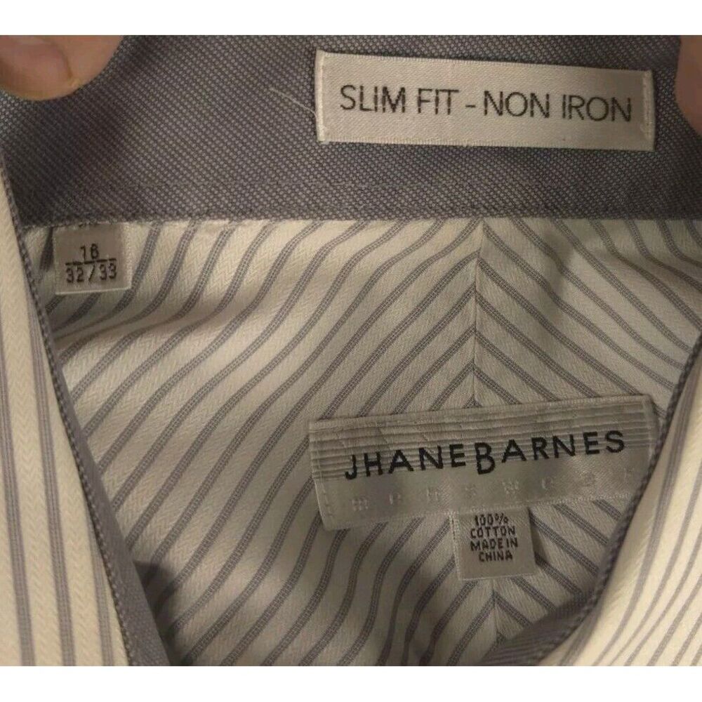 Jhane Barnes Men's Dress Shirt 18-32/33 Long Sleeve Large White Silver Stripe - Picture 2 of 8